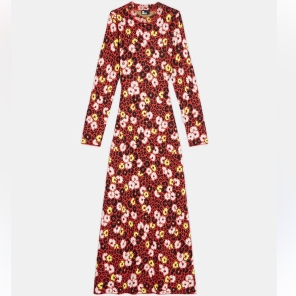The Kooples Dresses & Skirts - The Kooples Wool Maxi Dress Womens M Floral Leopard Animal Print Red Yellow